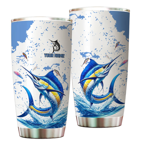 1PC Personalized Blue and white Marlin Fishing Custom Name Marlin Fishing Tumbler Cup, Fishing gifts NQS9906