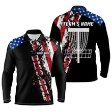 Load image into Gallery viewer, American flag patriotic Mens disc golf polo shirt custom team disc golf basket shirts | Black NQS5569