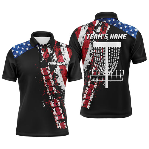 American flag patriotic Mens disc golf polo shirt custom team disc golf basket shirts | Black NQS5569