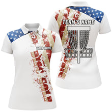 Load image into Gallery viewer, American flag patriotic Womens disc golf polo shirt custom team disc golf basket shirts | White NQS5570