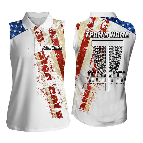 American flag patriotic Womens sleeveless polo shirt custom team disc golf basket shirts | White NQS5570