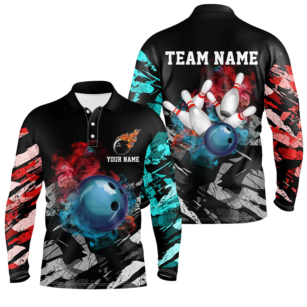 Black camo smoke Bowling ball pins Custom Bowling Polo, Quarter Zip shirt For Men, Team Bowling Jersey NQS7690