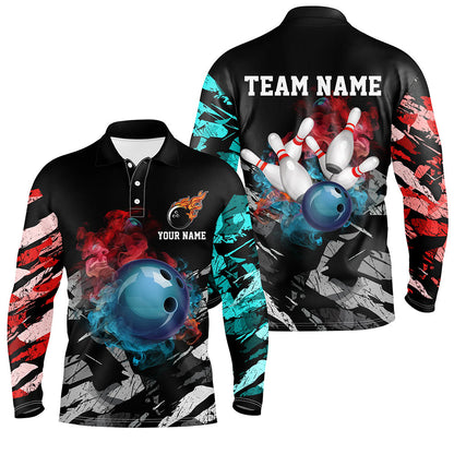 Black camo smoke Bowling ball pins Custom Bowling Polo, Quarter Zip shirt For Men, Team Bowling Jersey NQS7690