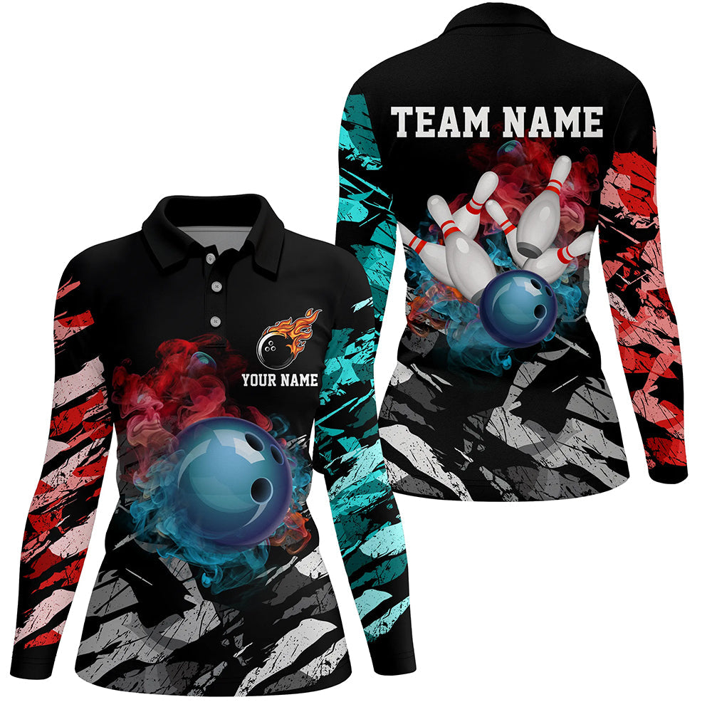 Black camo smoke Bowling ball pins Custom Women Bowling Polo, Quarter Zip shirt, Team Bowling Jerseys NQS7690