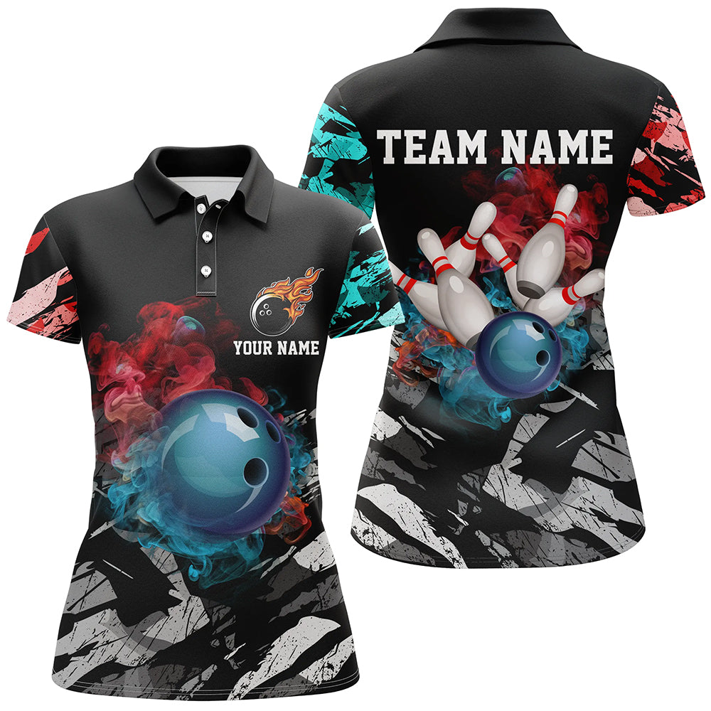 Black camo smoke Bowling ball pins Custom Women Bowling Polo, Quarter Zip shirt, Team Bowling Jerseys NQS7690