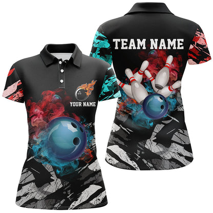 Black camo smoke Bowling ball pins Custom Women Bowling Polo, Quarter Zip shirt, Team Bowling Jerseys NQS7690