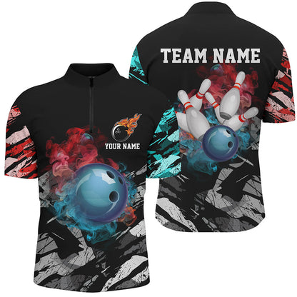 Black camo smoke Bowling ball pins Custom Bowling Polo, Quarter Zip shirt For Men, Team Bowling Jersey NQS7690