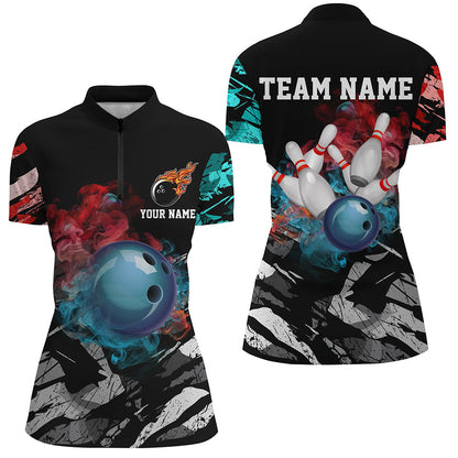 Black camo smoke Bowling ball pins Custom Women Bowling Polo, Quarter Zip shirt, Team Bowling Jerseys NQS7690