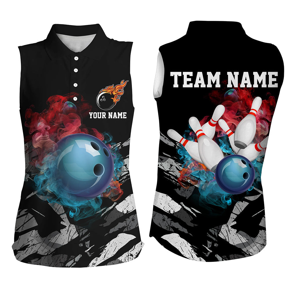 Black camo smoke Bowling ball pins Custom Women Bowling sleeveless polo shirts, Team Bowling Jersey NQS7690