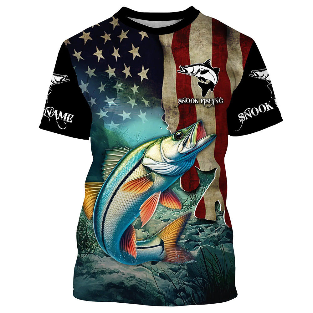 Snook Fishing 3D American Flag Patriotic Customize name Sun protection long sleeve fishing shirts NQS513