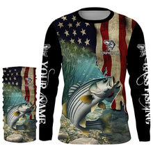 Load image into Gallery viewer, Striped Bass Striper Fishing American Flag Patriotic Custom Sun protection long sleeve fishing shirts NQS512