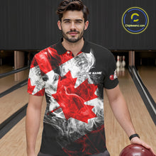 Load image into Gallery viewer, Smoke Canadian Flag Black Bowling Polo, 1/4 Zip shirt for men Custom patriotic Team bowling jersey NQS10323
