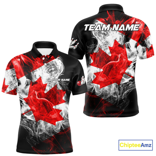 Smoke Canadian Flag Black Bowling Polo, 1/4 Zip shirt for men Custom patriotic Team bowling jersey NQS10323