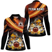 Load image into Gallery viewer, Personalized Black and Orange Smoke Flame Bowling Polo, 1/4 Zip Shirts For Women, cool bowling jerseys NQS8359