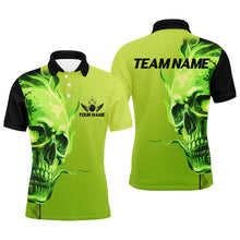 Load image into Gallery viewer, Custom Bowling Polo, Quarter Zip Shirts Men Green Flame Skull Team Bowling Jerseys Halloween Outfits NQS8363