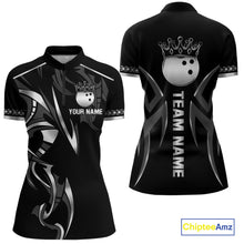 Load image into Gallery viewer, Black and Silver crown Bowling ball Polo, Quarter Zip Shirts for Women Custom Bowling Team jerseys NQS10537
