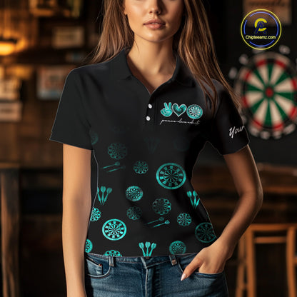 Personalized Turquoise Black Camo Darts Shirts For Women Custom Peace Love Darts Team Jerseys NQS10542
