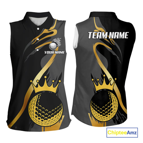 Black and Gold Crown Golf ball Women's Sleeveless golf polo shirts custom team golf tops for ladies NQS10757