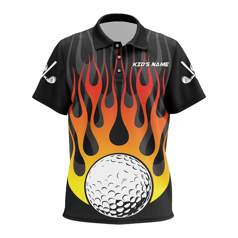 Orange Flame Golf Ball Black Kid golf polo shirts custom golf tops for Kid, gifts for golfer NQS8813