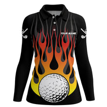 Load image into Gallery viewer, Orange Flame Golf Ball Black Women golf polo shirt custom golf tops for ladies, gifts for the golfer NQS8813