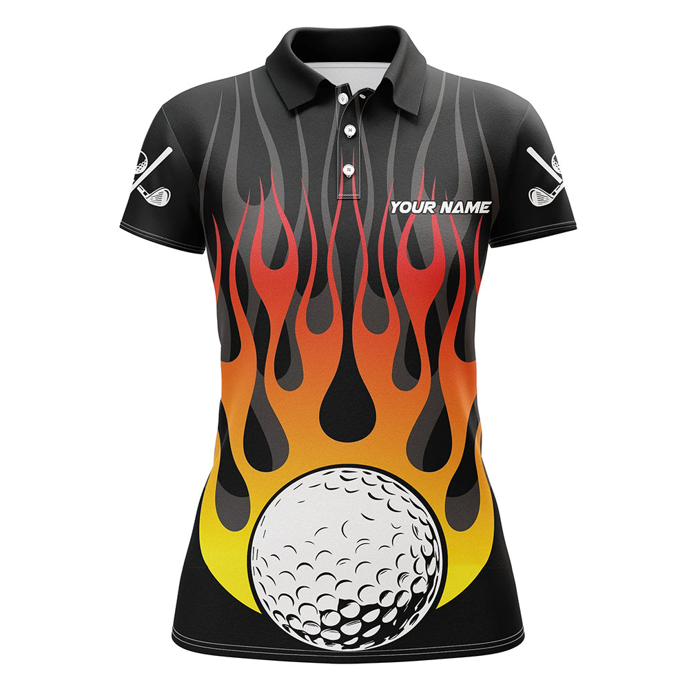 Orange Flame Golf Ball Black Women golf polo shirt custom golf tops for ladies, gifts for the golfer NQS8813