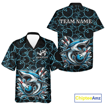 Black and Blue Camo Shark Bowling Hawaiian Shirt Custom Team Shark Bowling jerseys NQS11338