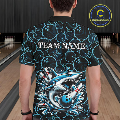 Black and Blue Camo Shark Bowling Polo, Quarter Zip Shirt For Men Custom Team Shark Bowling jerseys NQS11338