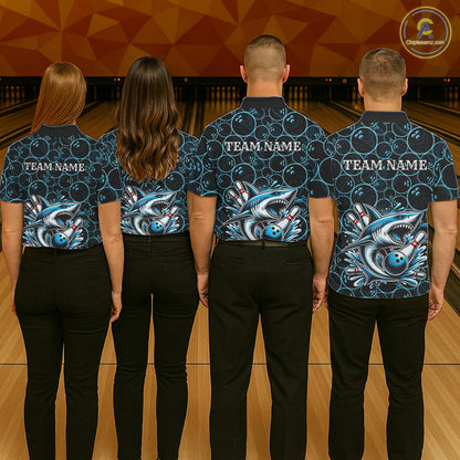 Black and Blue Camo Shark Bowling Polo, Quarter Zip Shirt For Women Custom Team Shark Bowling jerseys NQS11338