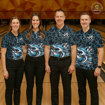 Black and Blue Camo Shark Bowling Polo, Quarter Zip Shirt For Women Custom Team Shark Bowling jerseys NQS11338