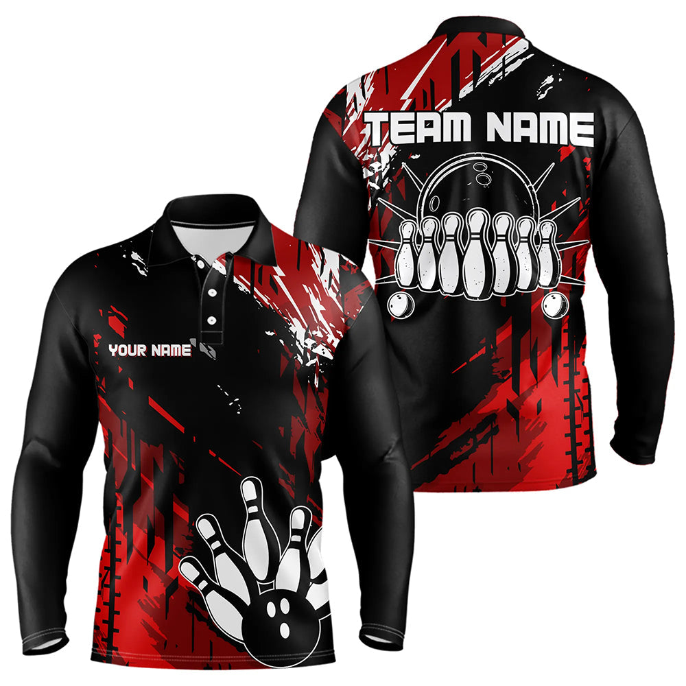 Black and Red Mens bowling shirts Custom retro bowling ball and pins bowling team league jerseys NQS9454