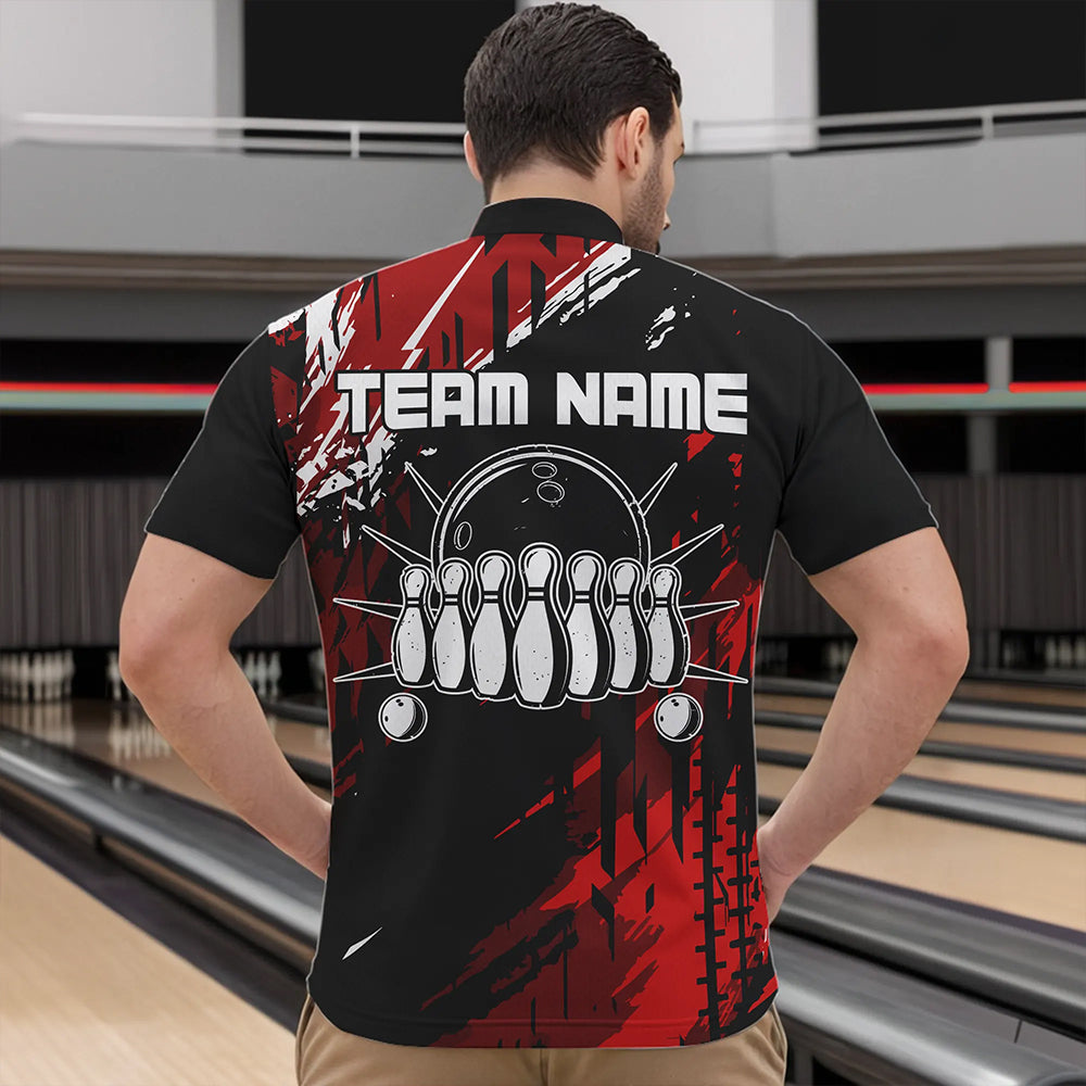 Black and Red Mens bowling shirts Custom retro bowling ball and pins bowling team league jerseys NQS9454