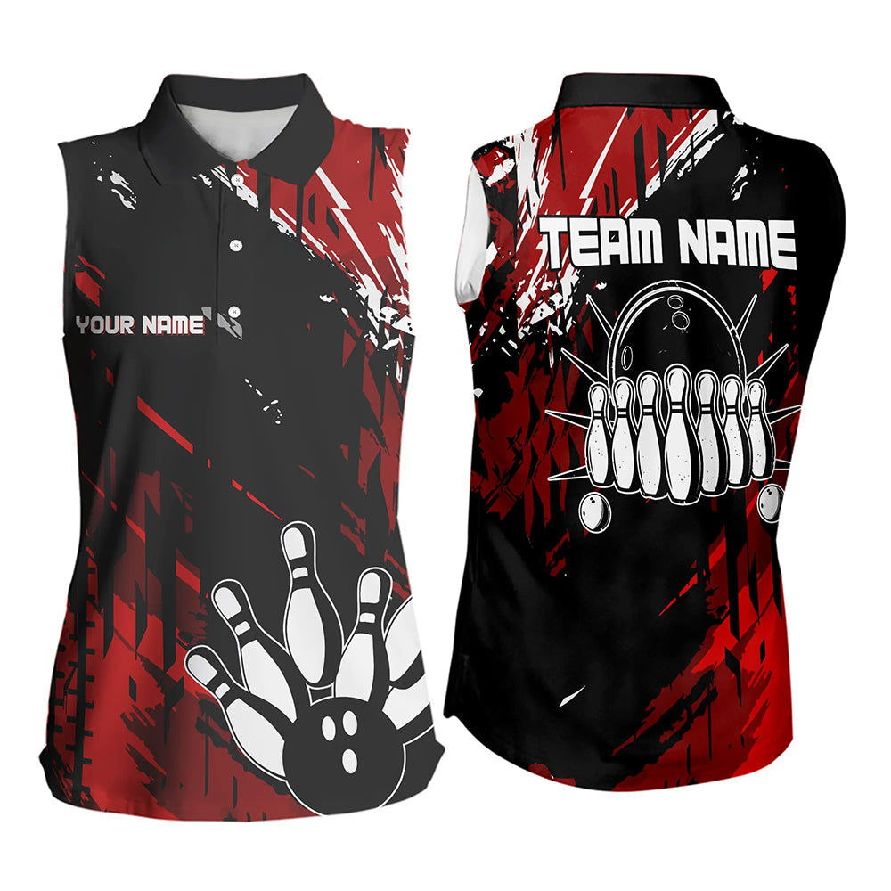 Black and Red Bowling Sleeveless Polo Shirt Custom retro bowling ball pins bowling team league jerseys NQS9454