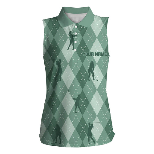 Womens sleeveless polo shirts custom Green argyle pattern golf clothes for ladies, unique golf gifts NQS7699