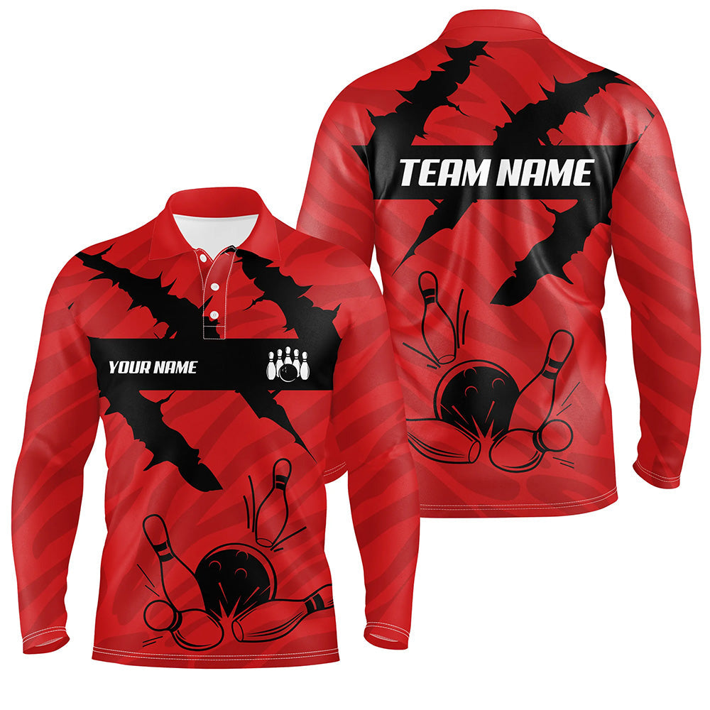 Black and red camo Mens bowling Polo, Quarter Zip shirts Custom Team Bowling Jerseys, gift for bowlers NQS7703