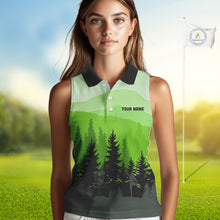 Load image into Gallery viewer, Green pattern forest Womens sleeveless polo shirt Custom team disc golf jerseys for ladies NQS10027