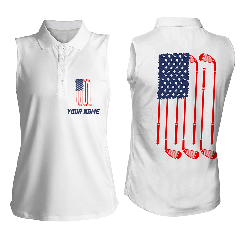 Womens sleeveless polo shirt American flag golf clubs custom patriotic white womens golf shirts NQS5840