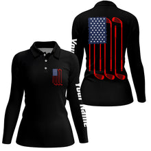 Load image into Gallery viewer, Women golf polo shirt American flag golf clubs custom patriotic black womens golf shirt, golfing gifts NQS5841