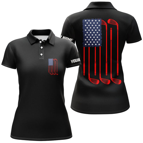 Women golf polo shirt American flag golf clubs custom patriotic black womens golf shirt, golfing gifts NQS5841