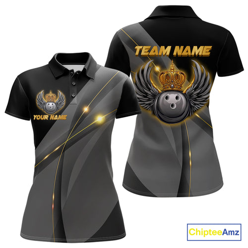 Black and Gold Crown Bowling ball wings Bowling Shirts For Women Custom Bowling Team Outfits NQS10549