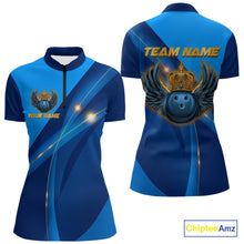 Load image into Gallery viewer, Blue and Gold Crown Bowling ball wings Bowling Shirts For Women Custom Bowling Team Outfits NQS10550