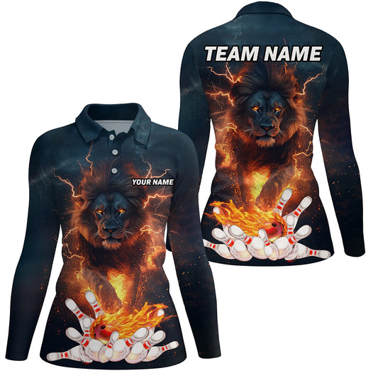 Lightning thunder storm Lion Flame Bowling Polo, 1/4 Zip Shirt For Women Custom Bowling Team Jersey NQS8567
