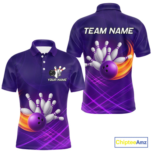 Purple Flame Bowling Polo, Quarter Zip Shirts For Men Custom Team Bowling Jersey Uniform NQS10768