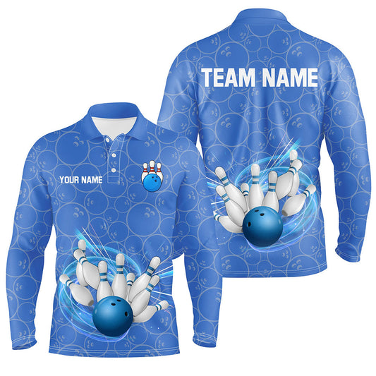 Blue Camo Bowling Polo, Quarter Zip Shirts For Men Custom Bowling Team League Uniform Jerseys NQS8819