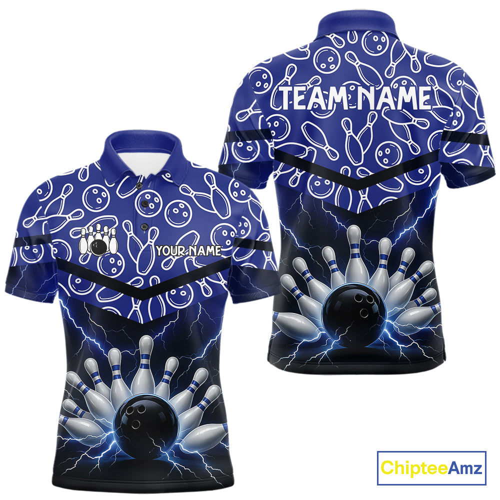 Blue camo Lightning Thunder Bowling Shirts For Men Custom Team Quarter Zip, Polo style bowling shirts NQS10962