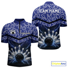 Load image into Gallery viewer, Blue camo Lightning Thunder Bowling Shirts For Men Custom Team Quarter Zip, Polo style bowling shirts NQS10962