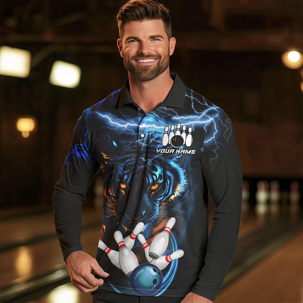 Personalized Blue Lightning Thunder Storm Tiger Bowling Shirts For Men Custom Bowling Team Jerseys NQS9466