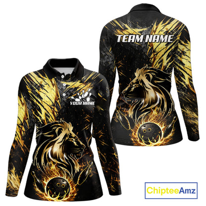 Black and Gold Lion Bowling Polo, 1/4 Zip Shirt for Women Custom Lion Bowling Team jerseys NQS11682