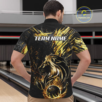 Black and Gold Lion Bowling Polo, 1/4 Zip Shirt for Men Custom Lion Bowling Team jerseys NQS11682