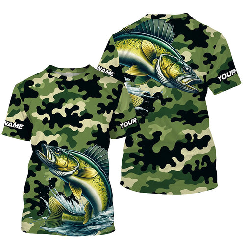 Black Green camo Walleye fishing Custom Long Sleeve Tournament Fishing Shirts, Walleye fishing Jerseys NQS7553