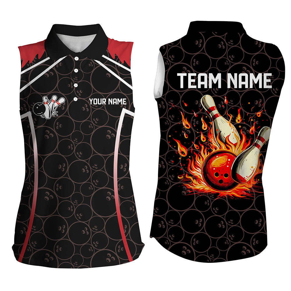 Black camo Bowling League Jerseys For Women Custom Retro Flame Sleeveless Polo Shirts For Bowler | Red NQS7557